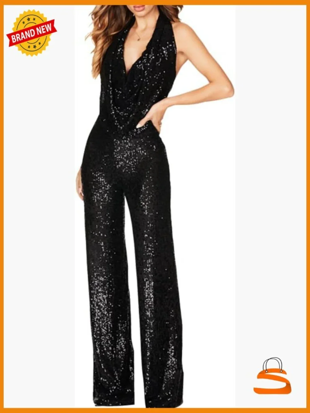 Halter Neck Sequin Jumpsuit Backless Wide Leg Glitter Pants